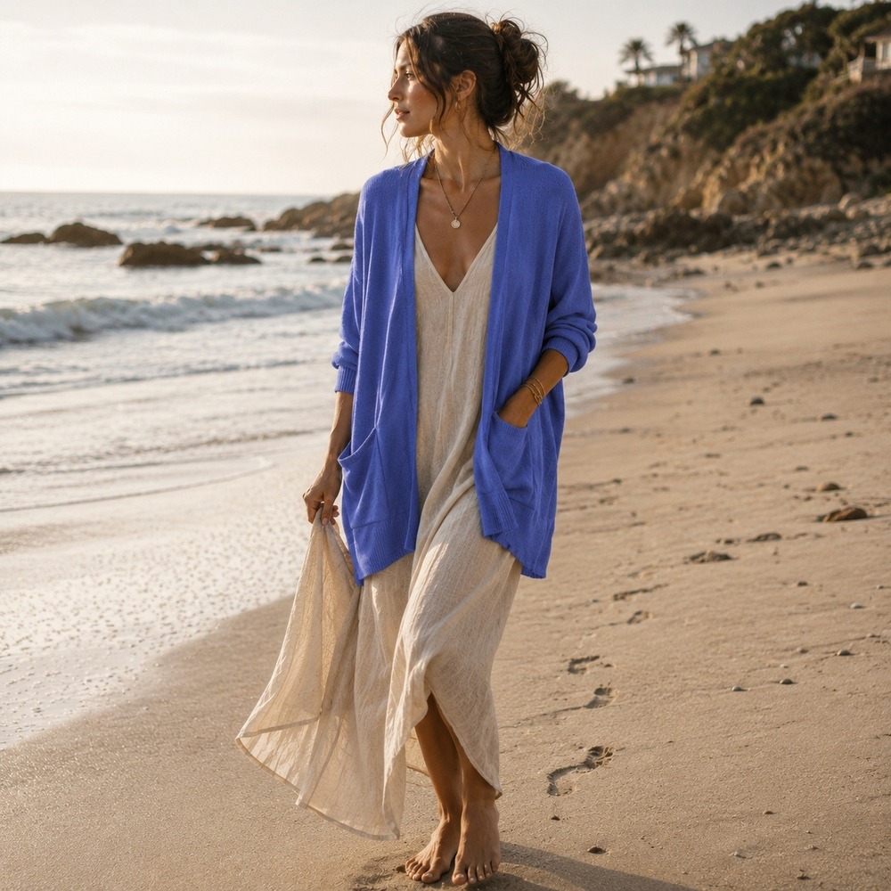 Eileen Fisher Small Organic Linen Cotton Open Front Cardigan Periwinkle Blue
